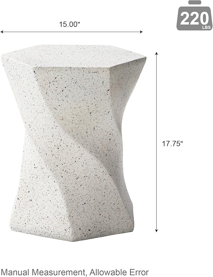 Glitzhome Outdoor Side Table, 17.75" H Decorative Garden Stool MGO Twist Faux Terrazzo End Table, Round Planter Stand for Indoor Outdoor Living Room Bedroom Patio Deck Poolside, White