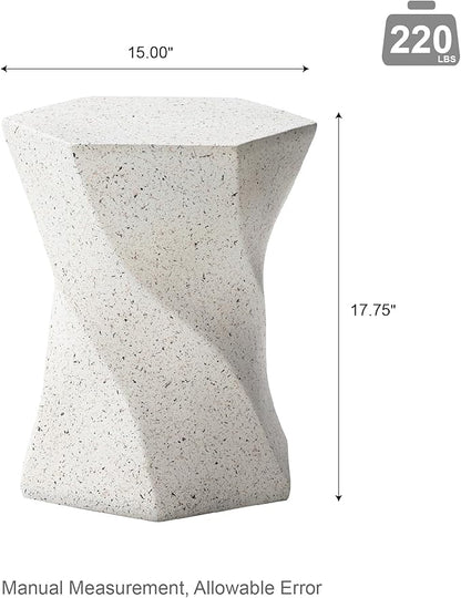 Glitzhome Outdoor Side Table, 17.75" H Decorative Garden Stool MGO Twist Faux Terrazzo End Table, Round Planter Stand for Indoor Outdoor Living Room Bedroom Patio Deck Poolside, White
