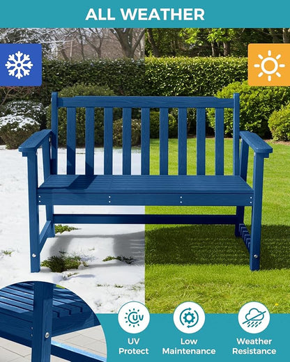 Outdoor Bench, 2-Person HDPE Garden Bench, All Weather Poly Patio Bench for Outdoors, Garden, Backyard, Porch and Park, 550 lbs Weight Capacity, Navy Blue, 2 Pack