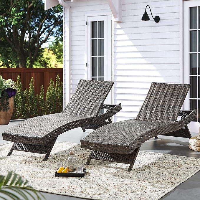 79'' Long Reclining Chair Set of 2, Chaise Lounge Wicker Reclining Lounge Chair, PE Rattan Chaise Lawn Sunbathing Chairs Beach Poolside Garden Backyard Backrest Recliners, Mixed Brown
