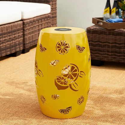 Glitzhome Set of 2 Outdoor Side Table with Lemon Pattern Solar Powered Light, 18.25" H Iron Cutout Drum Garden Stool Solar Decorative Lanterns, Metal End Table Plant Stand for Indoor Outdoor, Yellow
