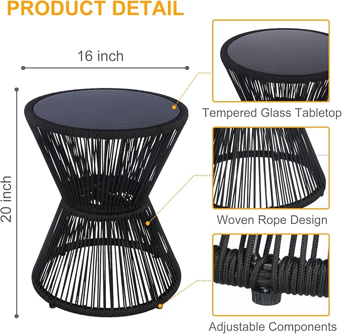 SUNNYPARK Outdoor Side Table 20'' H Small End Tables Woven Rope Weather Resistant with Glass Top Round Coffee Table for Indoor Balcony Patio Poolside (Black)