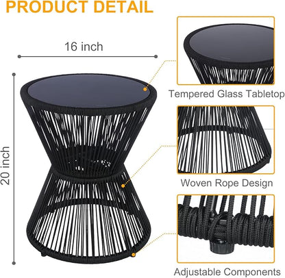 SUNNYPARK Outdoor Side Table 20'' H Small End Tables Woven Rope Weather Resistant with Glass Top Round Coffee Table for Indoor Balcony Patio Poolside (Black)