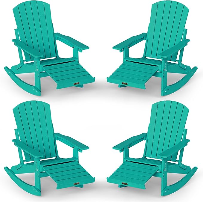 Adirondack Rocking Chair with Retractable Ottoman Set of 4, 4-in-1 Foldable Reclining Patio Chair, HDPE Wood-Look Outdoor Rocker for Porch, Garden & Poolside, Lake Blue