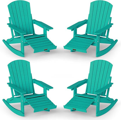 Adirondack Rocking Chair with Retractable Ottoman Set of 4, 4-in-1 Foldable Reclining Patio Chair, HDPE Wood-Look Outdoor Rocker for Porch, Garden & Poolside, Lake Blue