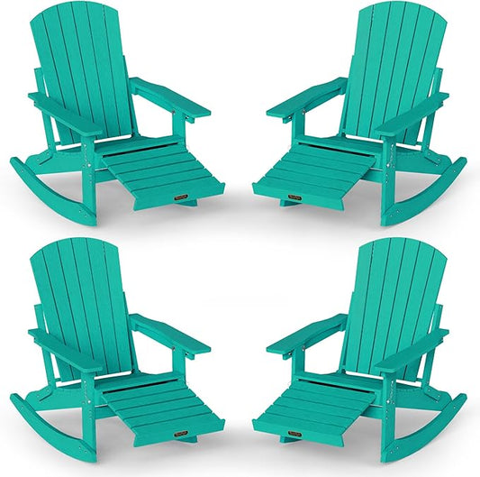 Adirondack Rocking Chair with Retractable Ottoman Set of 4, 4-in-1 Foldable Reclining Patio Chair, HDPE Wood-Look Outdoor Rocker for Porch, Garden & Poolside, Lake Blue
