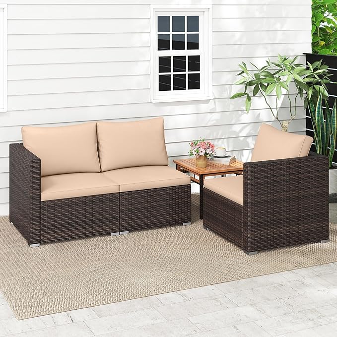 Tangkula 3 Seat Outdoor Wicker Sofa Set, Modular PE Rattan Patio Cushioned Sectional Couch Set - Photo 6