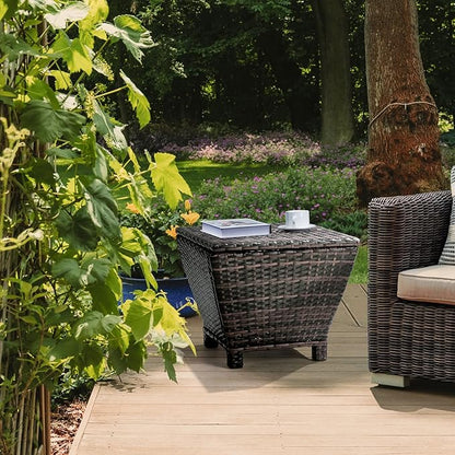 Outvita Outdoor Side Table, Rattan Coffee Table with Storage 13 Gallon Patio Small Deck Storage Box for Cushion Towel Books, Brown Side Table with lid