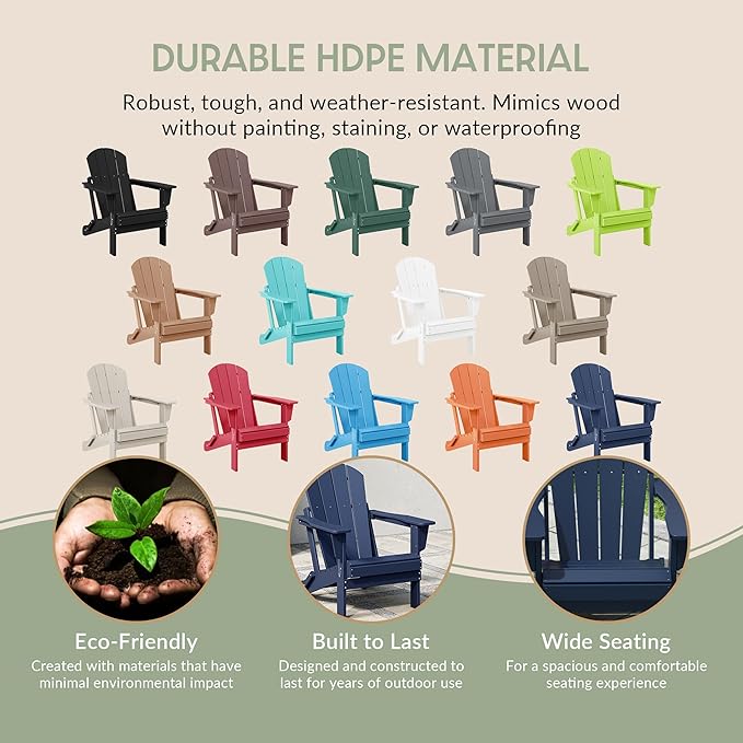 WestinTrends Malibu 2-Pieces Adirondack Chair Set with Side Table, All Weather Outdoor Seating Plastic Patio Lawn Chair Folding for Outside Porch Deck Backyard, Navy Blue