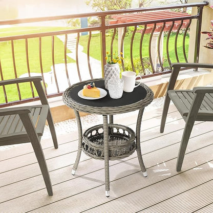VINGLI Outdoor Wicker Side Table, Patio Side Tables for Outside Tempered Glass Top Wicker Table with Storage End Table for Balcony Porch Deck (Grey)