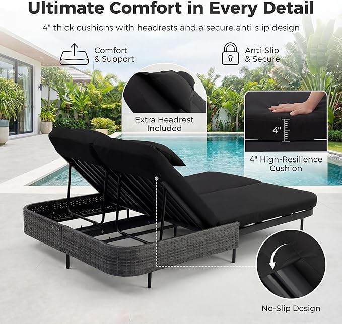 BULEXYARD 51.2" Double Chaise Lounge Outdoor, 2-Person PE Wicker Patio Daybed with Dual 5-Position Adjustable Backrest - Photo 6