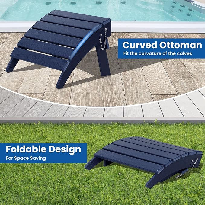 Folding Adirondack Chair with Ottoman Weather Resistant Foldable Fire Pit Chairs with Footrest HDPE Outdoor Adirondack Chair for Patio Front Porch Pool Garden Deck Fire Pit Outside, Navy Blue