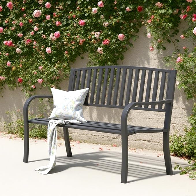Metal Bench Patio Bench, Outdoor Benches Weatherproof with Slat Backrest, Wrought Iron Garden Benches for Outdoors, Patio, Garden, Park, 2 Pack
