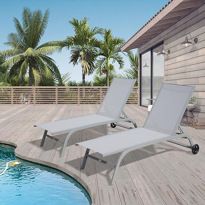 Domi Chaise Lounge Outdoor Set of 2, Lounge Chairs for Outside with Wheels, Outdoor Chaise Lounge with 5 Adjustable Position, Pool Lounge Chairs for Patio, Beach, Yard, Deck, Poolside, Grey