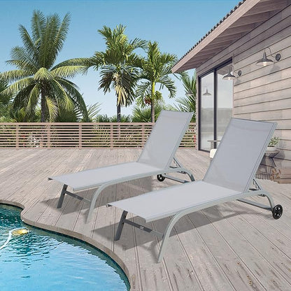 Domi Chaise Lounge Outdoor Set of 2, Lounge Chairs for Outside with Wheels, Outdoor Chaise Lounge with 5 Adjustable Position, Pool Lounge Chairs for Patio, Beach, Yard, Deck, Poolside, Grey