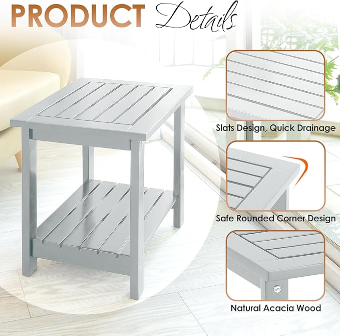 2-Tier Adirondack Outdoor Side Table, 16.6" Acacia Weather-Resistant End Table with Shelf for Patio, Garden, Lawn, Living Room (White)