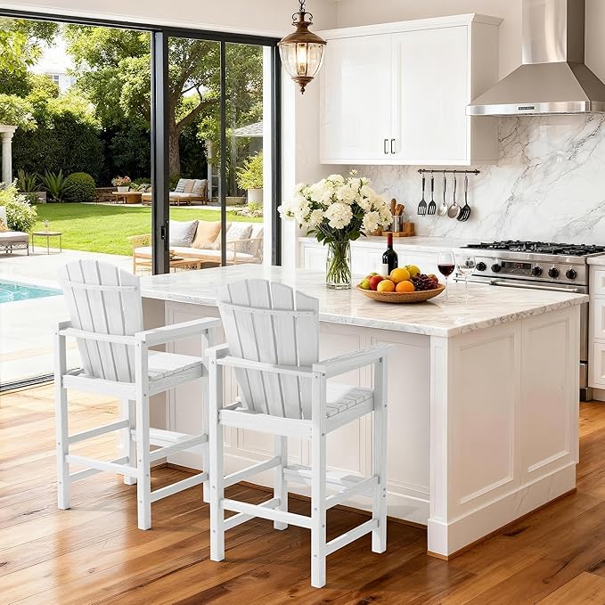 KINGYES Embossed Balcony Chair, Tall Adirondack Chair Set of 2, All Weather HDPE Bar Height Adirondack Chair with Double Connecting Trays, Outdoor Adirondack Barstools, High Airondack Chair, White