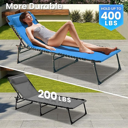 2 Pack Folding Chaise Lounge Chair 5-Position Adjustable Outdoor Recliner 400LB Capacity Portable Patio Camping Beach Pool Sunbathing Lounger with Pillow, Light Blue