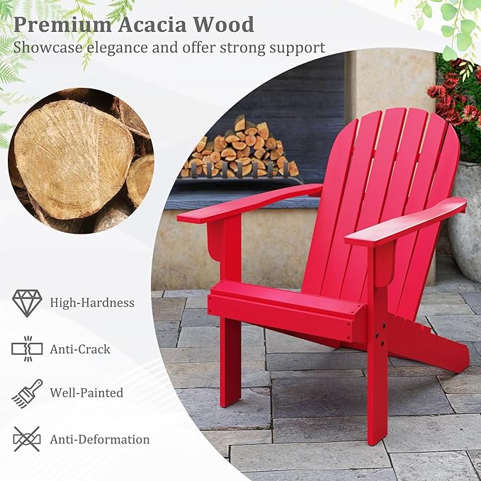 Giantex Acacia Wood Adirondack Chair Set of 2, Outdoor Fire Pit Chair with 105° Inclined Seat, High Backrest, 4" Wide Armrests, Patio Lounge Chair for Outside, Lawn, Backyard, Garden, Deck, Porch