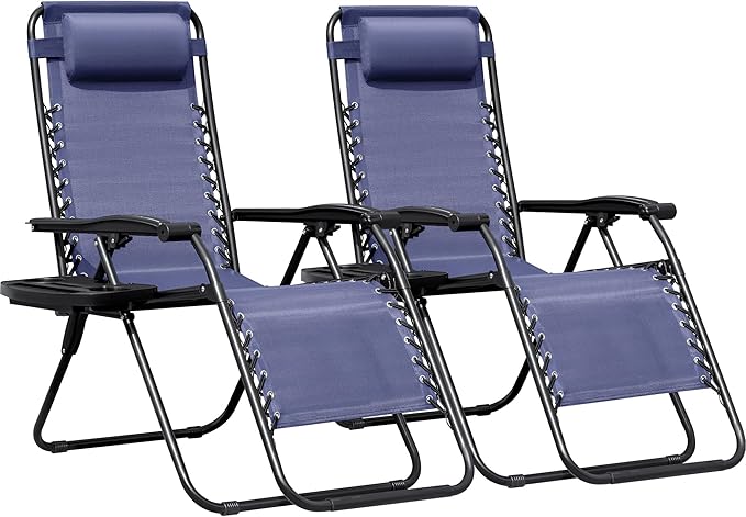 Greesum Zero Gravity Chairs Set of 2 Adjustable Steel Mesh Recliners Beach Deck Lawn Camping Patio Foldable Lounge Chair with Cup Holder Trays and Pillows,Blue