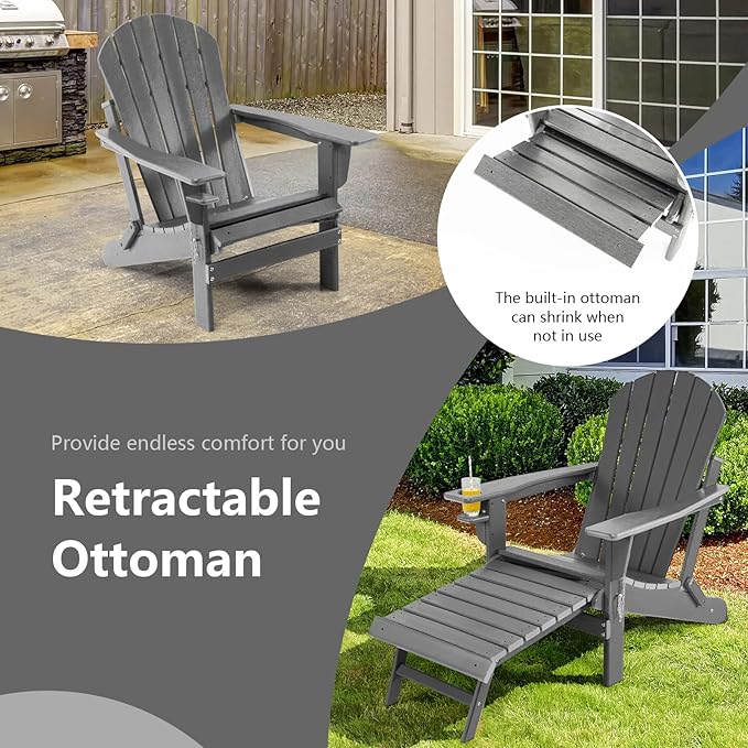 Giantex Folding Adirondack Chair, HDPE Patio Chairs Fire Pit Lounge Chair W/Retractable Ottoman & Cup Holder, Weatherproof Outdoor Adirondack Chairs for Porch, Garden, Backyard (1, Gray)
