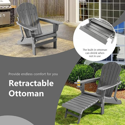 Giantex Folding Adirondack Chair, HDPE Patio Chairs Fire Pit Lounge Chair W/Retractable Ottoman & Cup Holder, Weatherproof Outdoor Adirondack Chairs for Porch, Garden, Backyard (1, Gray)