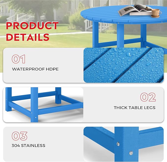Costaelm Patio Conversation Table, Tatio Accent Tables, HDPE Outdoor Weather Resistant, Round Outdoor Porch Balcony Patio Drink Table for Outside, Pool, Backyard, Pacific Blue