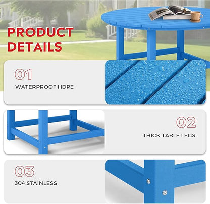 Costaelm Patio Conversation Table, Tatio Accent Tables, HDPE Outdoor Weather Resistant, Round Outdoor Porch Balcony Patio Drink Table for Outside, Pool, Backyard, Pacific Blue