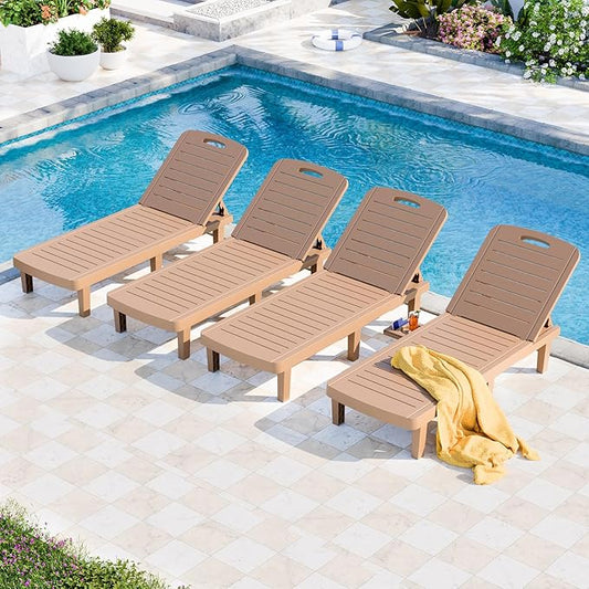 Outdoor Chaise Lounge Set of 4, 5-Position Adjustable Sun Lounge w/Pull-Out Tray, Waterproof PP Lounge Chairs for Outside, Lounge Chairs for Poolside, Patio, Beach, Yard in All Weather,Brown