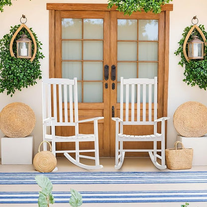 Greesum Outdoor Rocking Chairs Set of 2, Acacia High Back Oversized All-Weather Lounge Rocker with 320 lbs of Support for Patio, Garden, Deck, Porch,White