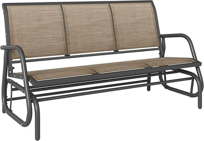 Outsunny 3-Person Patio Glider Bench, Outdoor Porch Glider Swing with 3 Seats, Breathable Mesh Fabric, Metal Frame, Light Mixed Brown