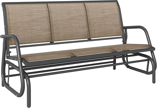 Outsunny 3-Person Patio Glider Bench, Outdoor Porch Glider Swing with 3 Seats, Breathable Mesh Fabric, Metal Frame, Light Mixed Brown