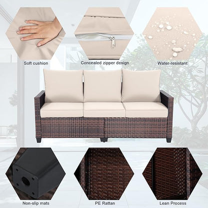 3-Seater Deep Seat Outdoor Sofa - High Back Patio Couch with Water-Resistant Cushions, All-Weather PE Rattan for Patio, Garden (Modern Design) (Beige)