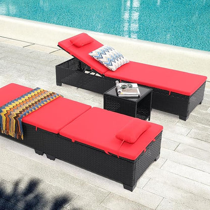 Outdoor Patio PE Wicker Chaise Lounge Chairs Set of 3 Patio Black Rattan Reclining Chair Adjustable Backrest Pool Sunbathing Recliners with Table (Red)