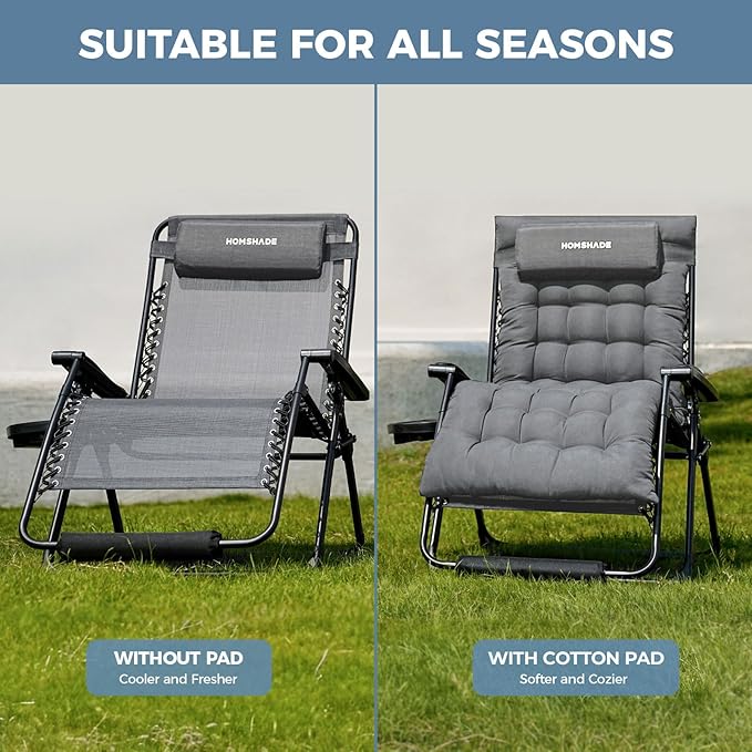 HOMSHADE XXL Zero Gravity Chair with Cushion, 33In Oversized Zero Gravity Lounge Chair, Patio Outdoor Recliner Chair for Indoor Outdoor with Headrest, Cup Holder, Footrest Support 500Lbs, Grey