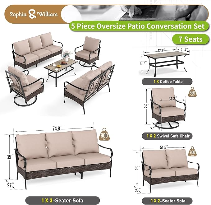 Sophia & William Metal Patio Furniture Set, 7 Seats Outdoor Conversation Set with 3-Seater Sofa, 2 Swivel Chairs - Photo 7