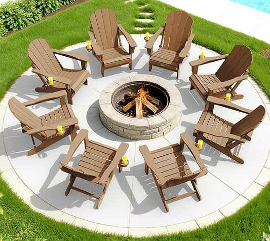 SERWALL Folding Adirondack Chair Set of 8, Weather Resistant Patio Chair with Cup Holder for Patio Garden Outdoors Fire Pit- Brown