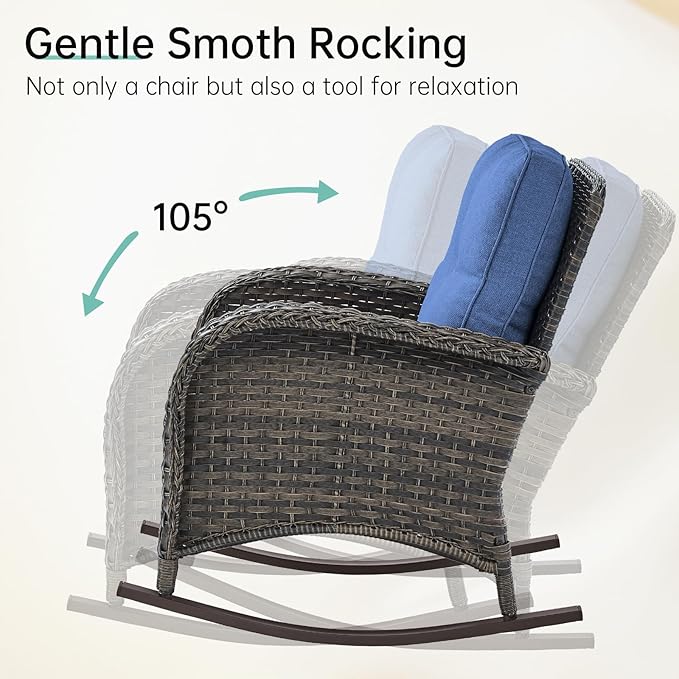 Patio Rocking Chair - 5 Peices Outdoor Wicker Rocker Porch Chair Set with Tempered Glass Side Table, and 2 Ottoman, Rattan Seating for Balcony Garden Brown/Blue