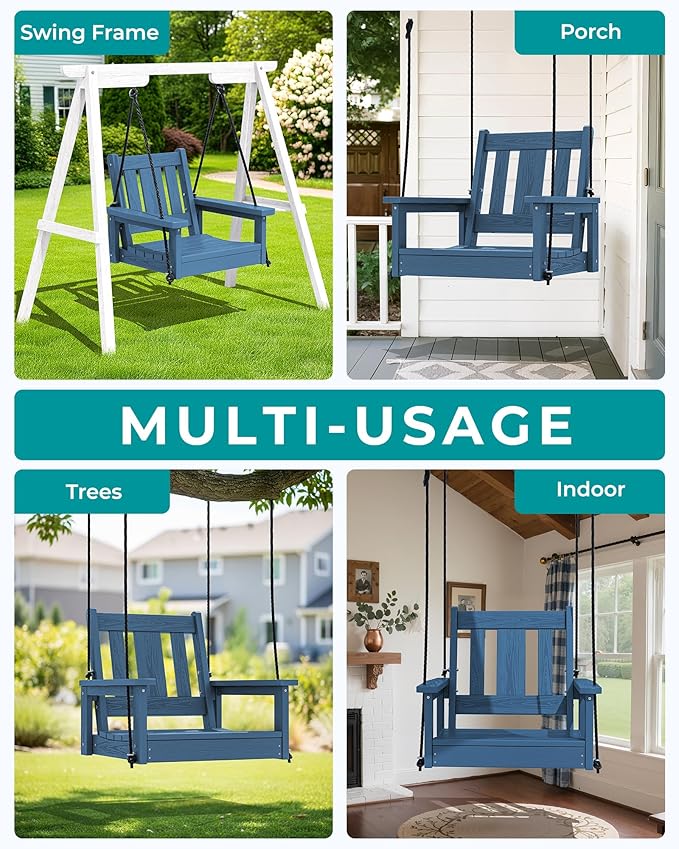 SERWALL HDPE Single Porch Swing, Heavy Duty Single Person Swing Chair with 2 Polypropylene Hanging Ropes - Photo 7