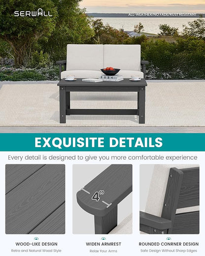 SERWALL HDPE Outdoor Patio Loveseat, Grey Frame and Khaki Cushion