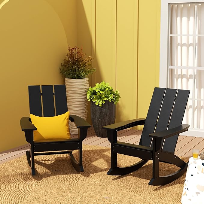 WO WESTIN OUTDOOR HDPE Shoreside Modern Rocking Poly Adirondack Chair (Set of 2),Black