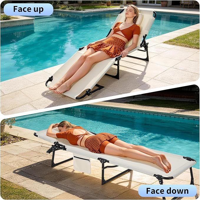 Tanning Chair with Face Hole Folding Beach Lounge Chair,5-Position Adjustable Backrest, Pillow & Side Pocket,Portable Face Down Chaise Lounge for Outdoor Backyard Poolside,Beach, Patio,Beige