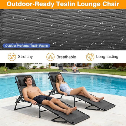Folding Chaise Lounge Chair, Patio Teslin Tanning Chair, Outdoor Chaise Lounger with 5-Position Reclining Back, Breathable Mesh Seat for Beach, Poolside, Patio Sunbathing