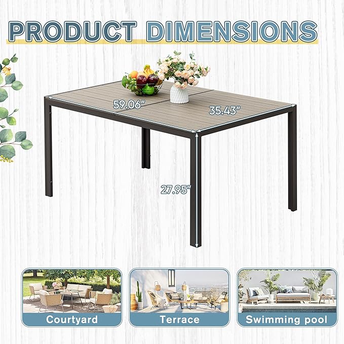 Rankok 35" x 59" Outdoor Dining Table for 6 Rectangular Patio Table with Rust Proof Metal Frame Large Outside Table for Courtyard, Garden, Balcony, Poolside, Lawn