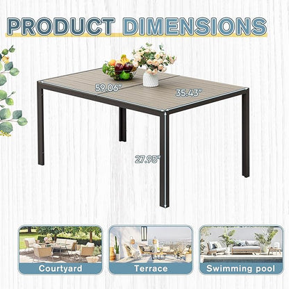 Rankok 35" x 59" Outdoor Dining Table for 6 Rectangular Patio Table with Rust Proof Metal Frame Large Outside Table for Courtyard, Garden, Balcony, Poolside, Lawn