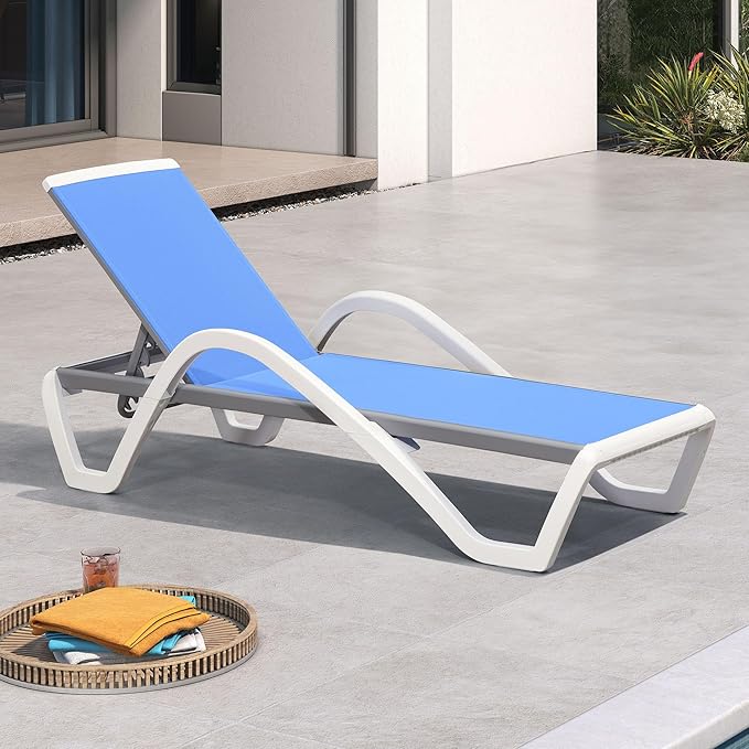 PURPLE LEAF Patio Chaise Lounge Chair with Armrests Outside Aluminum Plastic Stackable Tanning Chairs for Pool Sunbathing Beach Deck Outdoor Lounger, Royal Blue