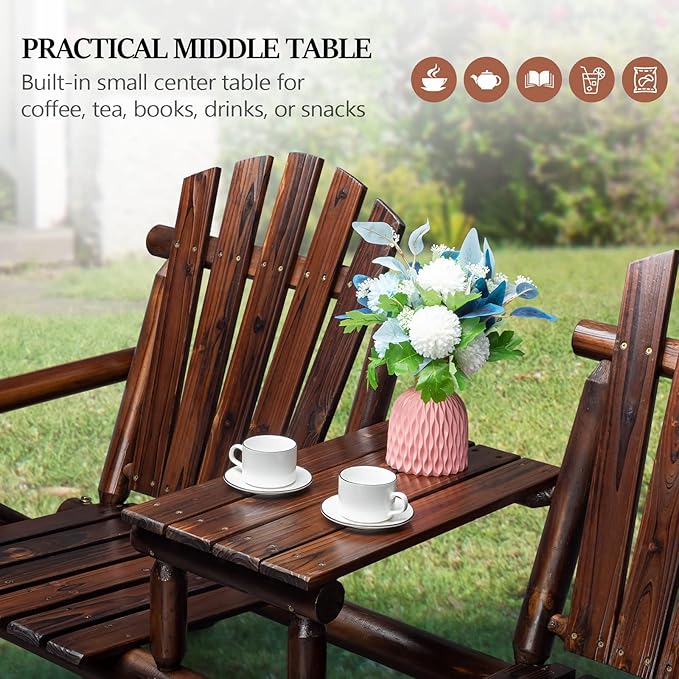 VINGLI Outdoor Adirondack Bench with Built-in Table, Wood Garden Bench for Porch, Yard, Garden, Patio, Deck, Firepit, Pool