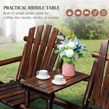 VINGLI Outdoor Adirondack Bench with Built-in Table, Wood Garden Bench for Porch, Yard, Garden, Patio, Deck, Firepit, Pool