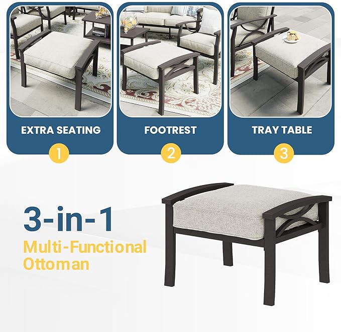 RoyalCraft Outdoor Patio Furniture Set, 7 Seats Outdoor Patio Set with 4" Thick Cushion, All-Weather Metal Patio Sofa with Coffee Table, Outdoor Sectional Furniture for Porch Backyard, Khaki&Beige