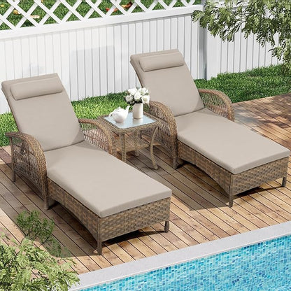 3 Piece Patio Chaise Lounge Set, Outdoor Patio Furniture Modern Lounge Chairs Set of 2 with Side Table & 6-Position Adjustable Backrest, Durable PE Wicker, Weather Resistant Cushions, Beige